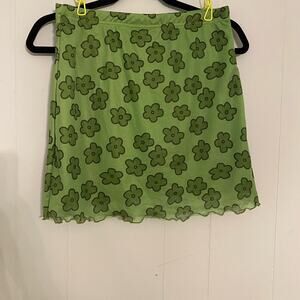 Y2K Floral Mesh‎ Overlay Bodycon Mini Skirt Lettuce Trim Green Size Medium